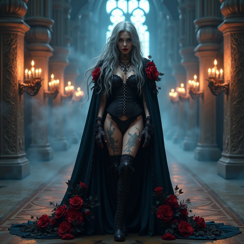 Gothic Vampire Queen in Crimson and Lace