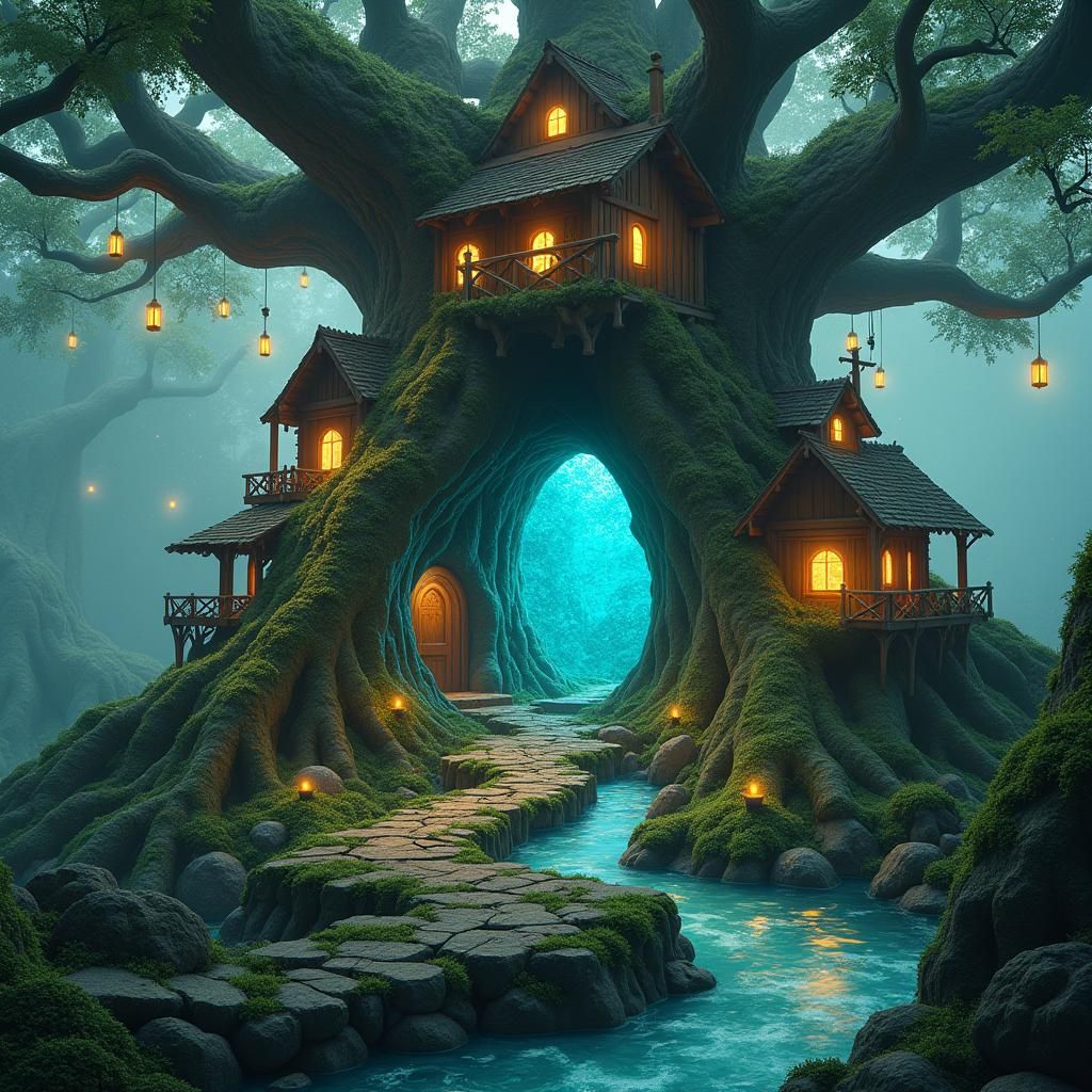 Mystical Tree Village with Gnarled Roots