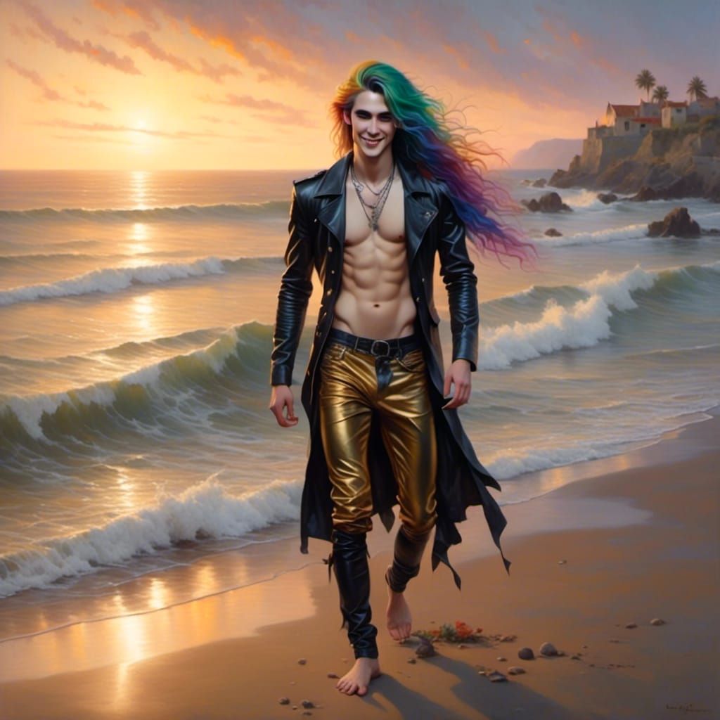Asian Man with Rainbow Hair at Sunset