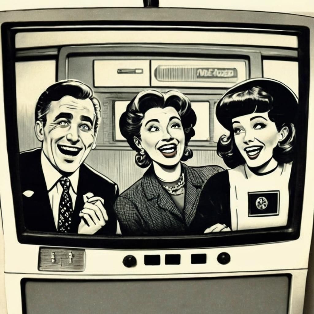Vintage Scene: People Laughing at Robot on Retro TV