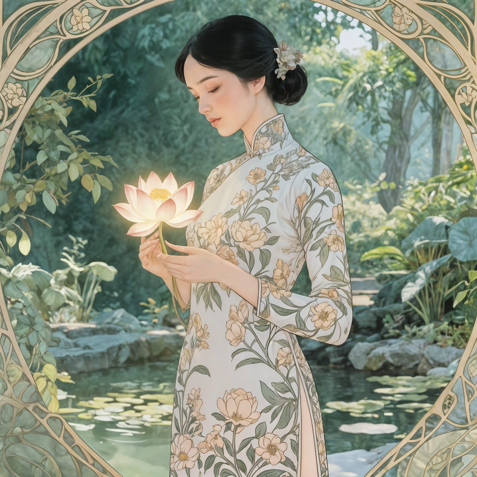 Vietnamese Woman in Floral Ao Dai in Serene Garden