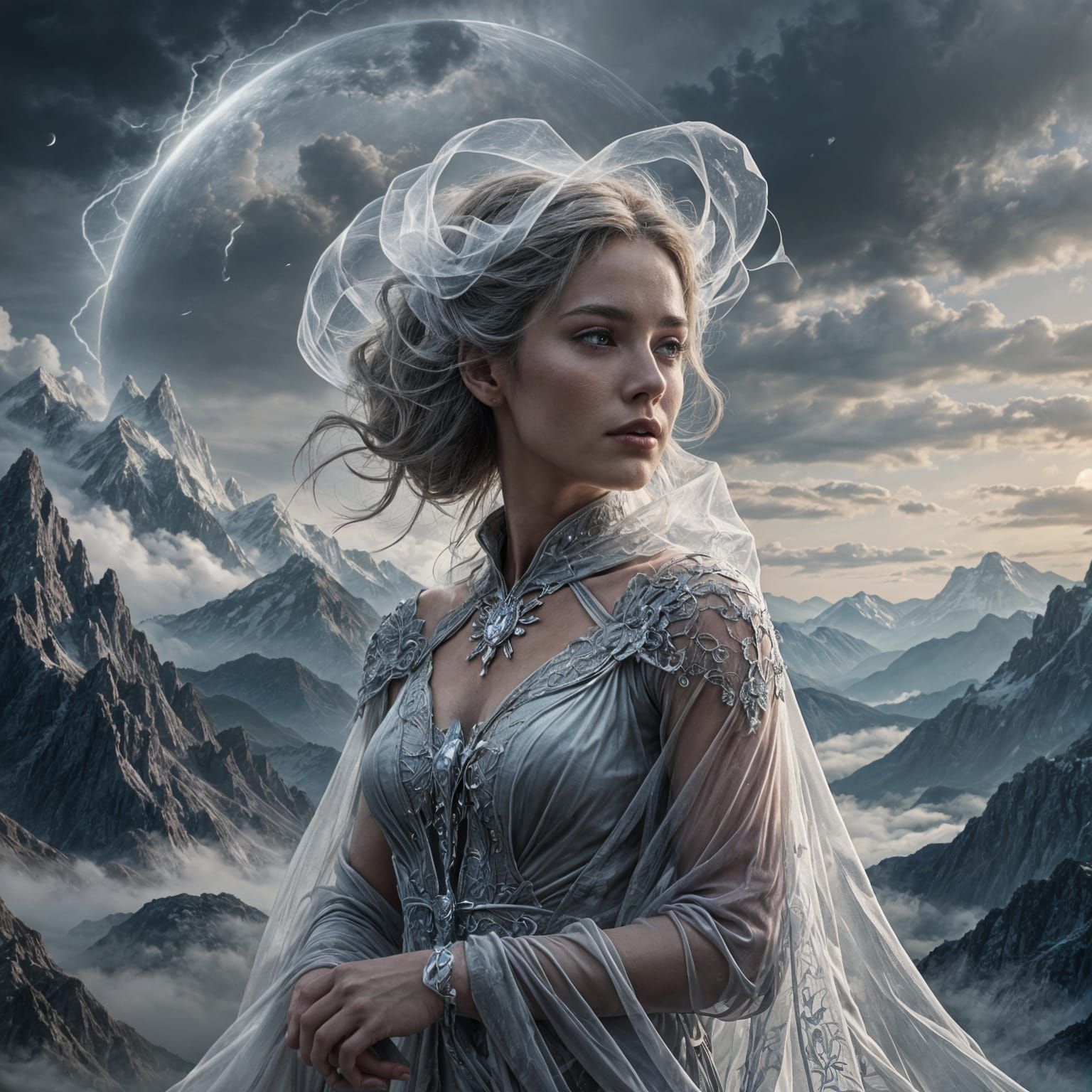 Ethereal Moonscape with Wispy Clouds: Fantasy Concept Art