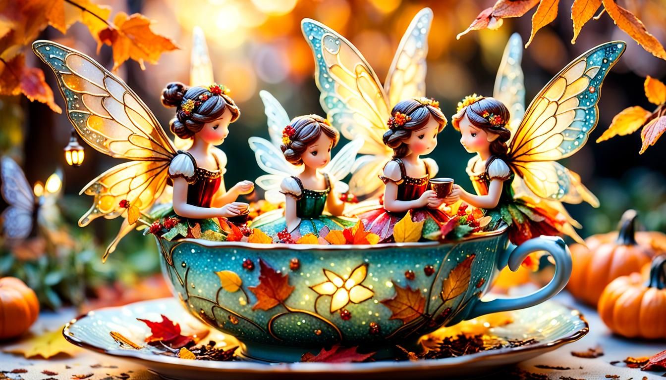 Fairies Tend Autumn Garden in Teacup: Mosaic Art