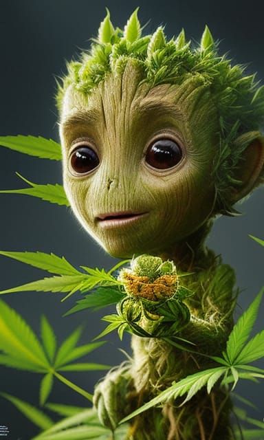 Hemp Creature with Cannabis Bloom, Chibi Digital Art