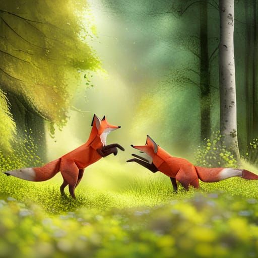 Two Foxes Playing in Origami Papercraft Style