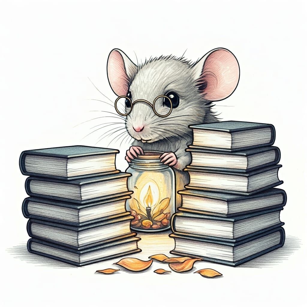 Mouse with Books: Delicate Hand-Drawn Pencil Sketch