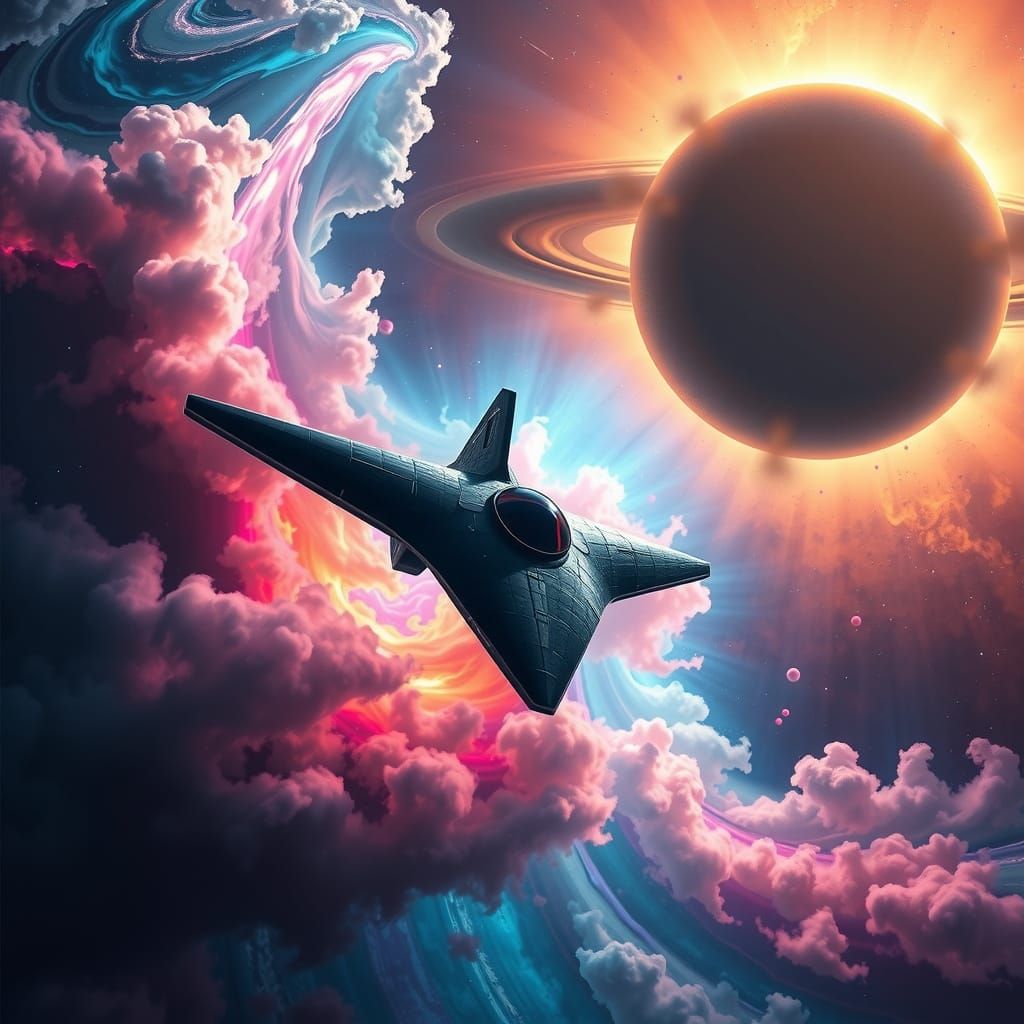 Sleek Space Ship soars through Cosmic Landscape in Syd Mead ...