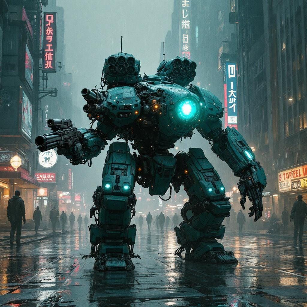 Cyberpunk Mech in Gritty Sci-Fi Cityscape