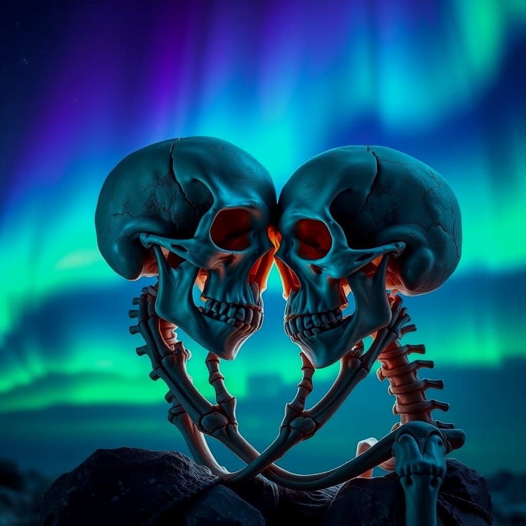 Skulls Kissing Under Northern Lights