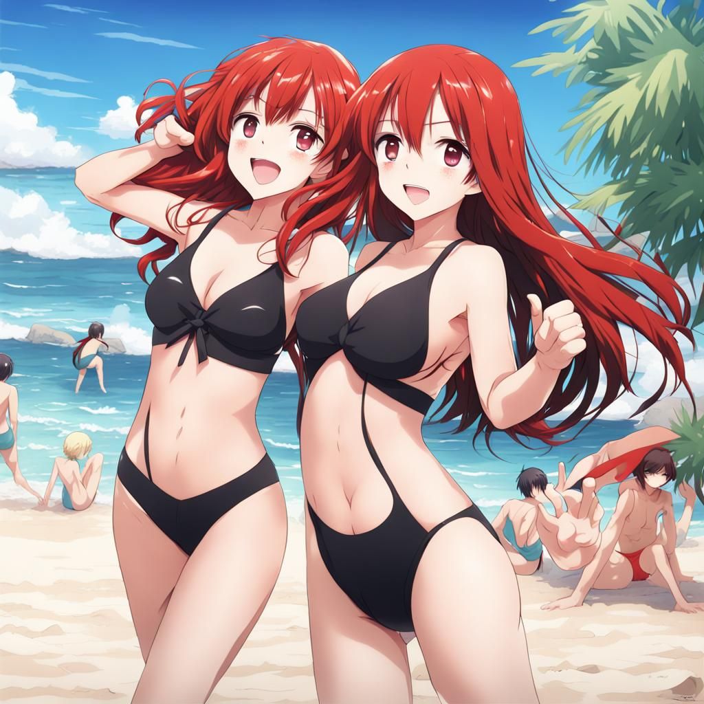 Two Girls on Beach in Anime Style