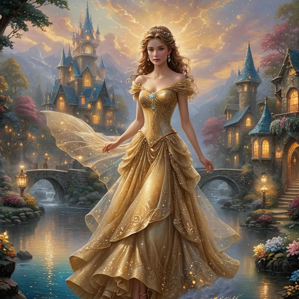 Woman in Gold Dress, Ethereal Luminist Fantasy