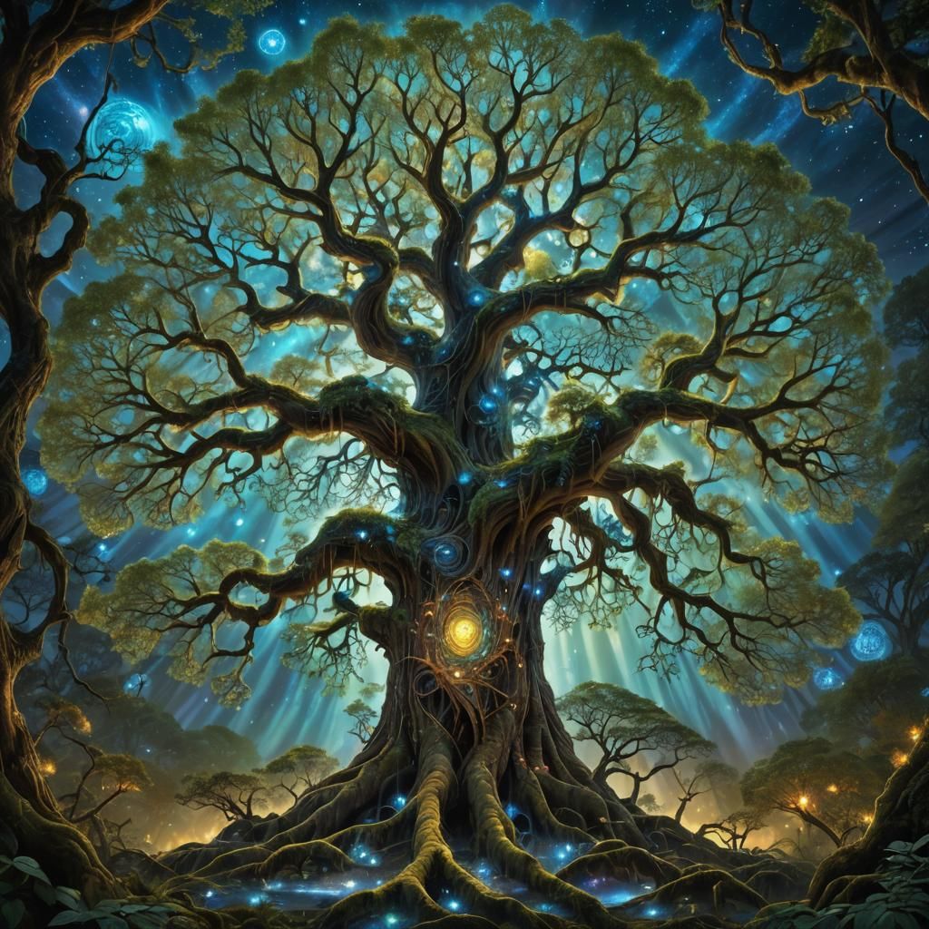 A colossal, ancient tree stands at the center of an enchante...