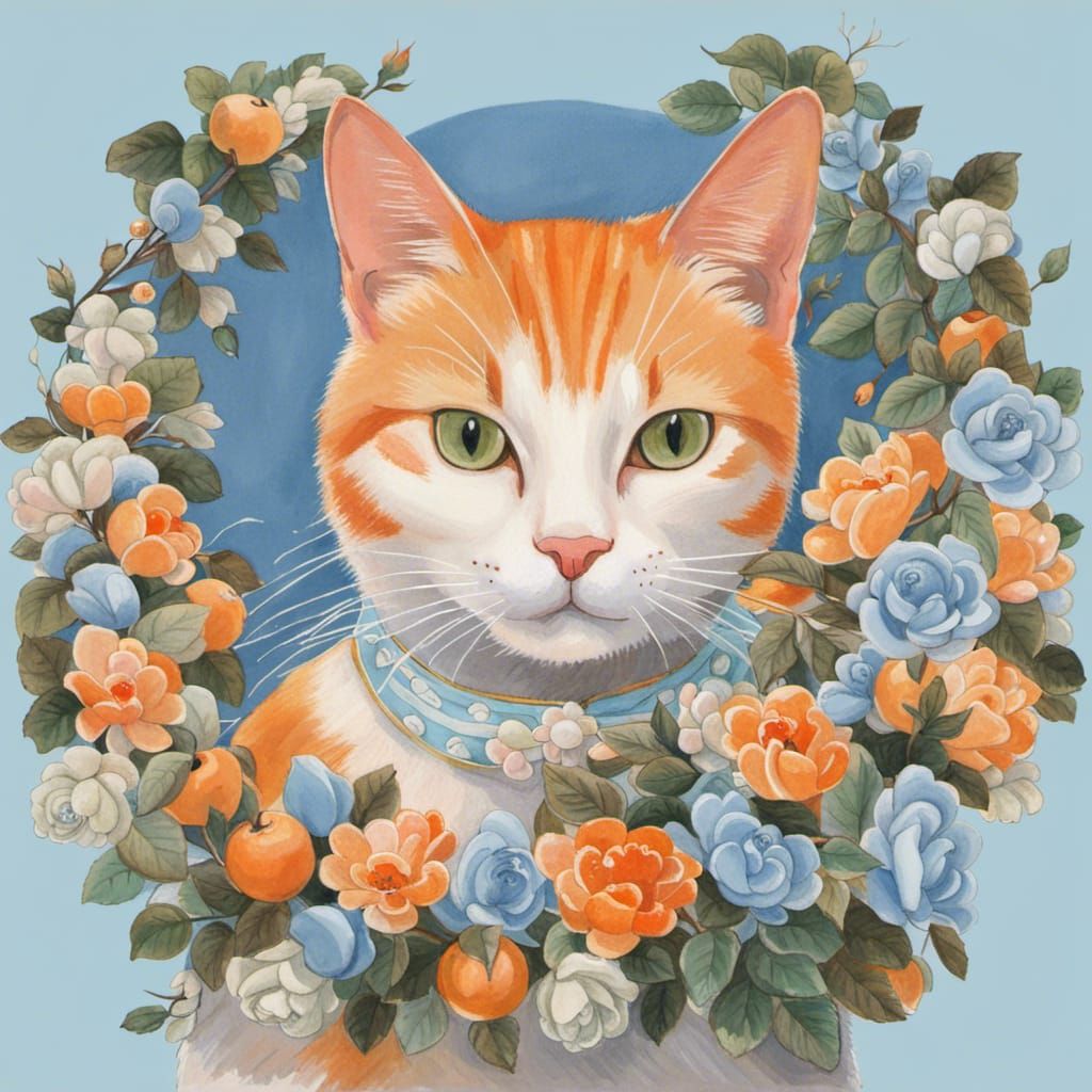 Orange and White Cat in Japanese Costume, Gouache