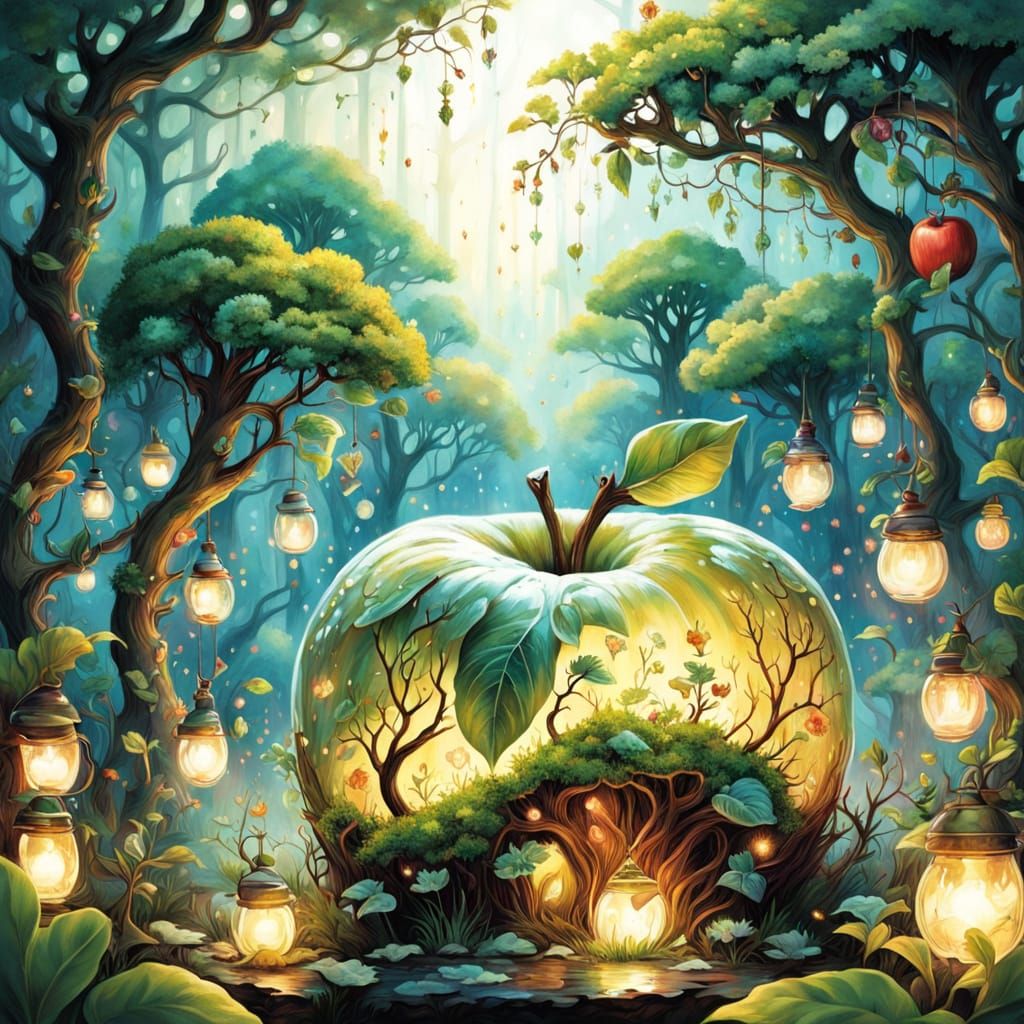 Whimsical Fantasy Apple in Dreamy Watercolor Style