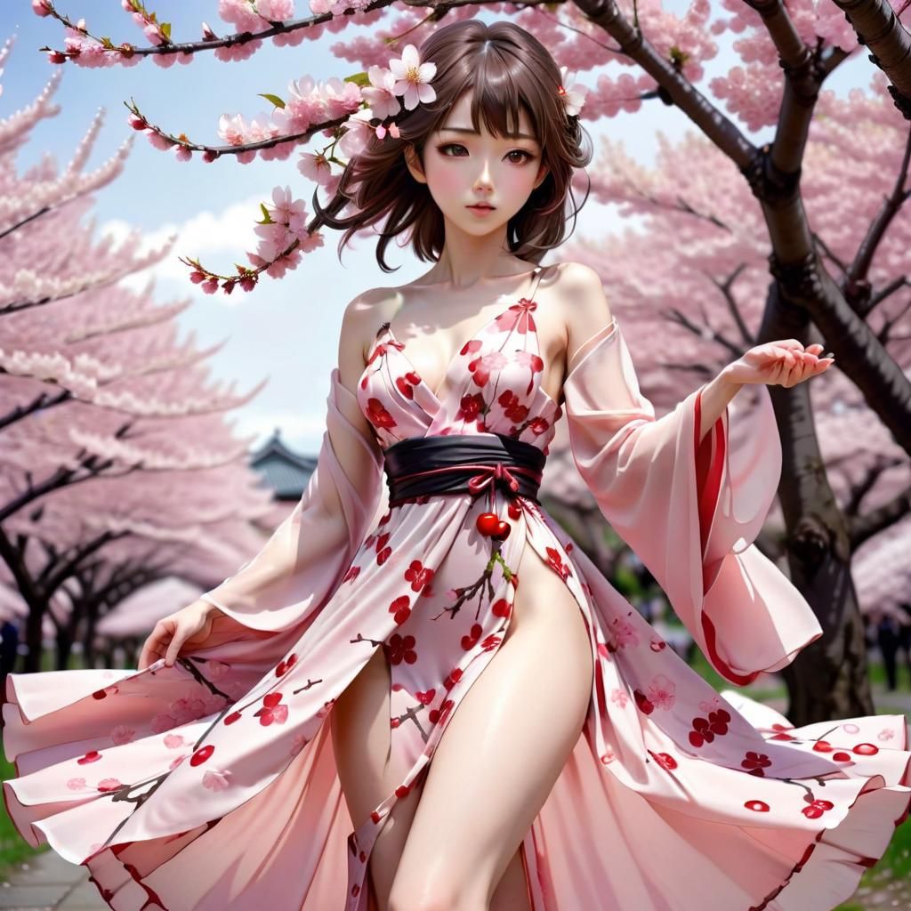 Anime Woman in Cherry Blossom Dress