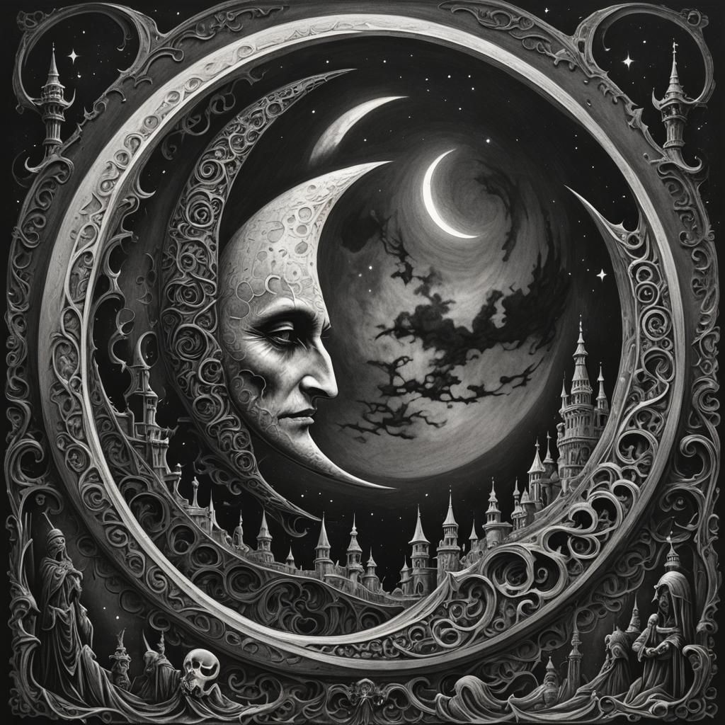 Gothic Crescent Moon in Hyperdetailed Charcoal Drawing