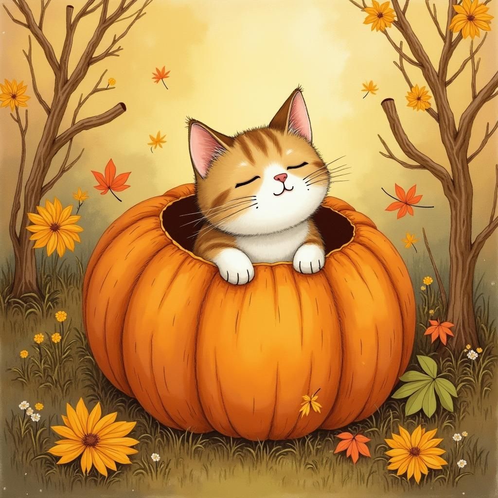 Cat in Pumpkin Patch: Whimsical Autumn Scene