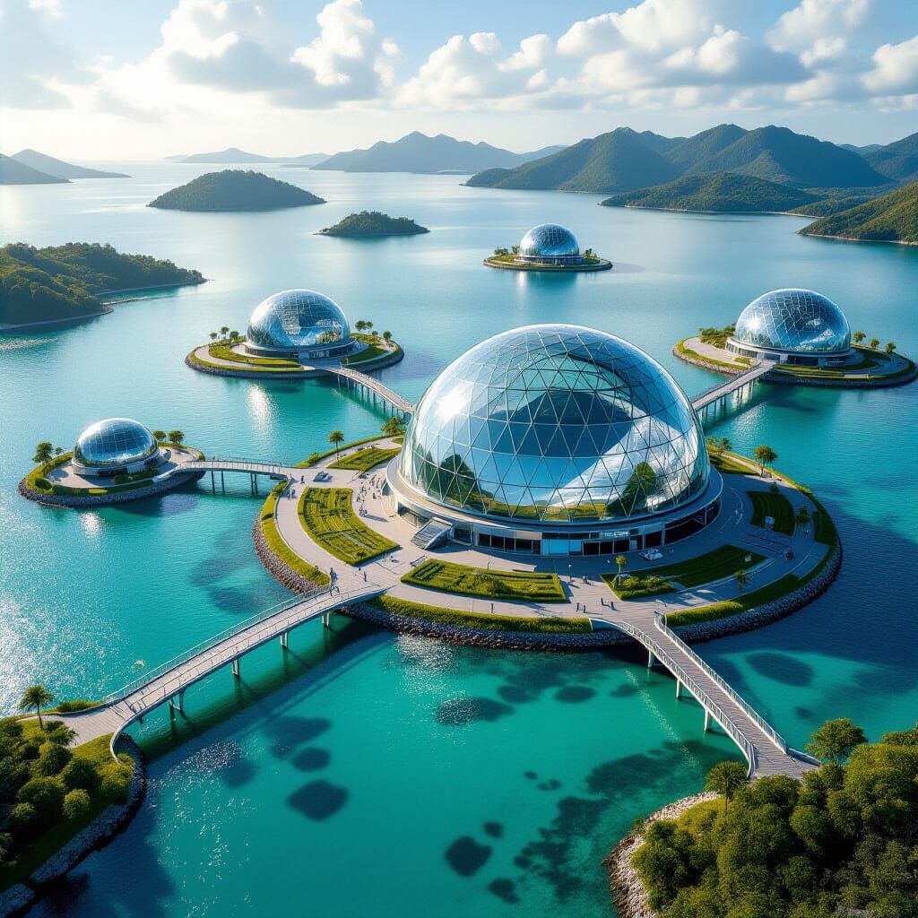 Futuristic Biotope Island Ecosystem Connected by Bridges