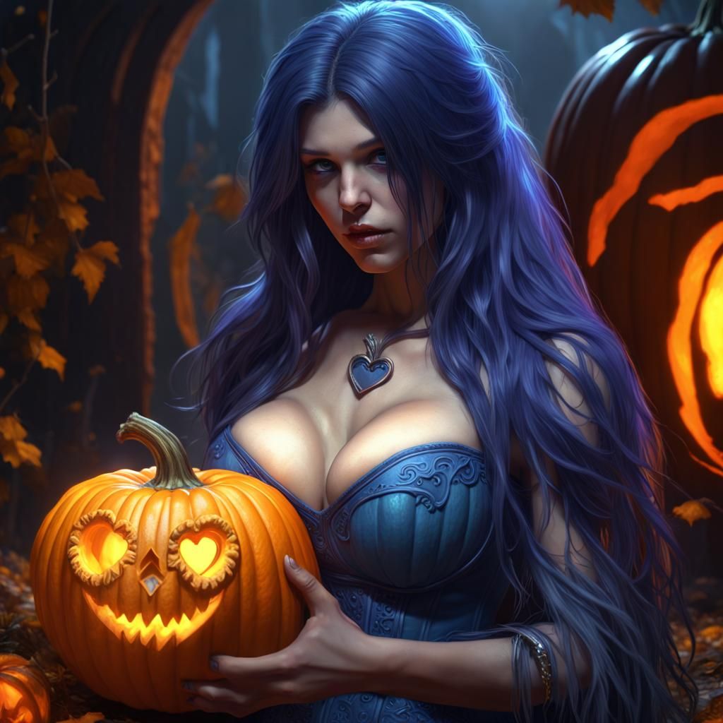 Hot beautiful blue longhaired sweaty emo girl with huge breast carving a heart in a pumpkin