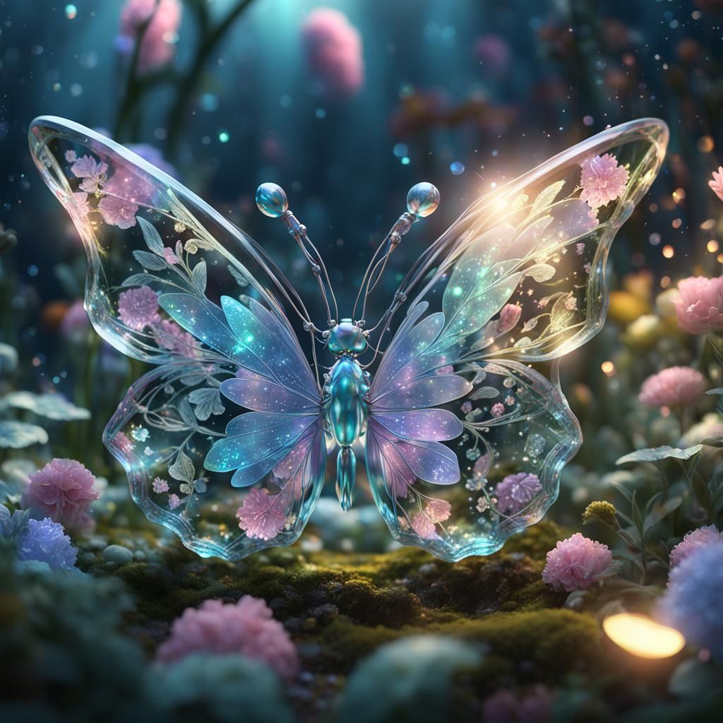 Crystal Butterfly in Enchanted Garden: Detailed Digital Art