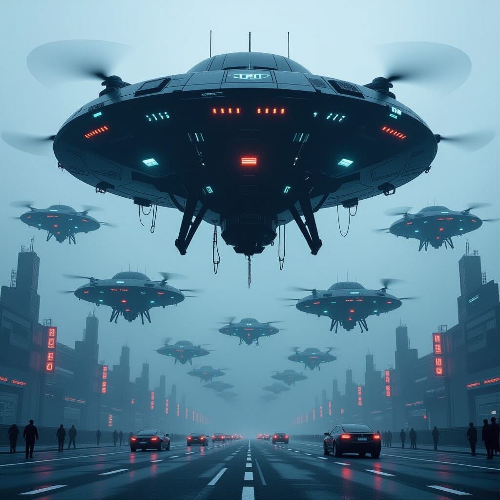 Drone Swarm in Darkened Sky: Cyberpunk Impression