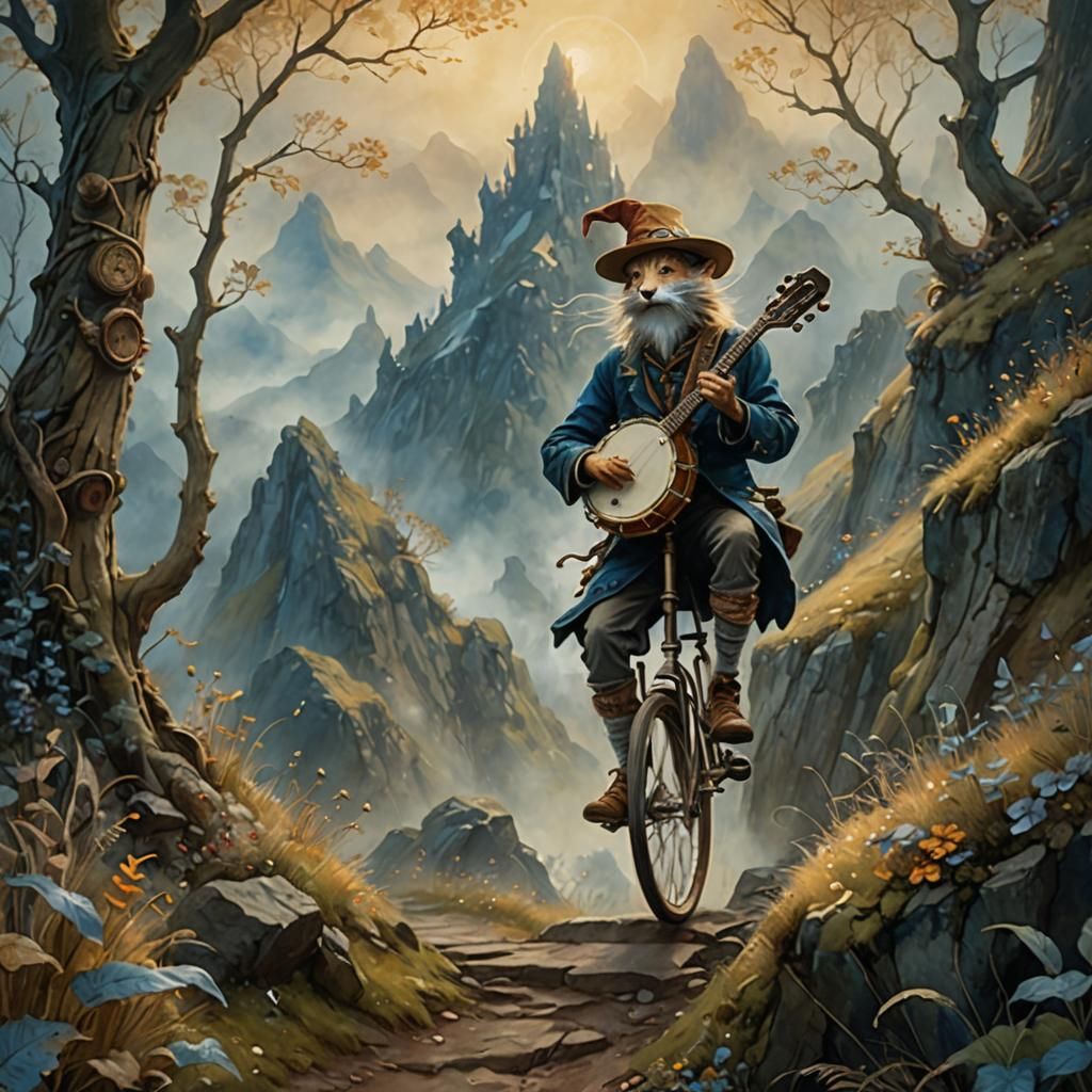 Banjo-Playing Unicycle Rider on Misty Mountain Path
