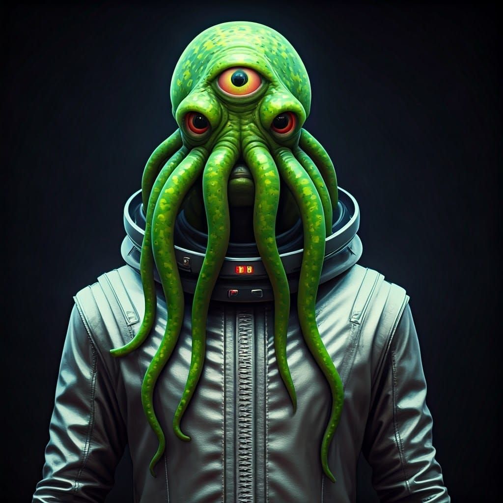 Fluorescent Squid-Alien in Silver Jumpsuit: Digital Art
