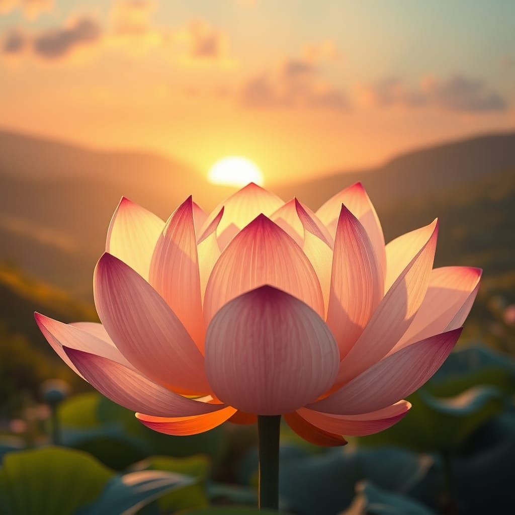 Lotus Flower Sunset in Dreamlike Landscape