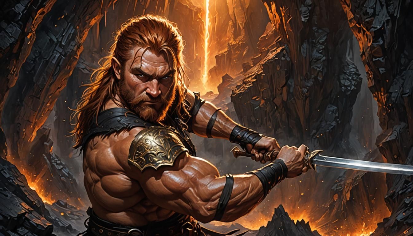 Dwarf Warrior in Volcanic Cave, Dark Fantasy Art