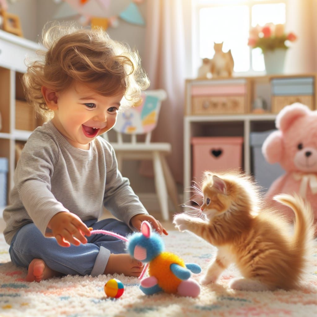 a heartwarming scene of a toddler joyfully interacting with a playful kitten