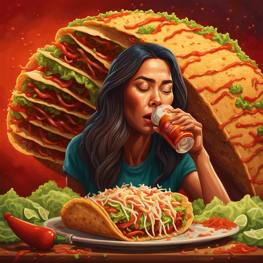 Woman Inside a Giant Taco with Sriracha