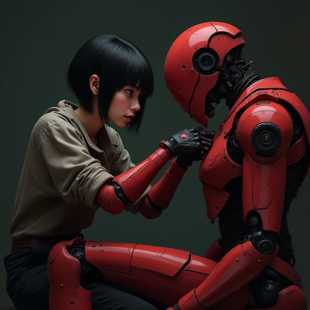 Sci-Fi Girl Repairs Red Robot in Dark Anime Style