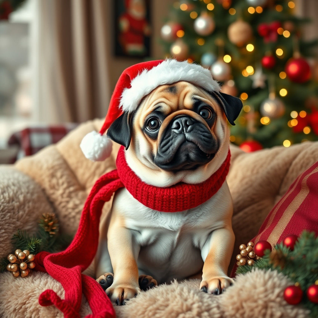 Festive Pug in Santa Hat: A Christmas Scene