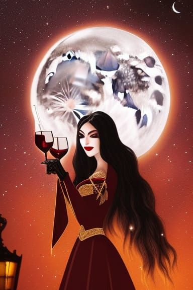 Beautiful Vampire with Wine in the Night