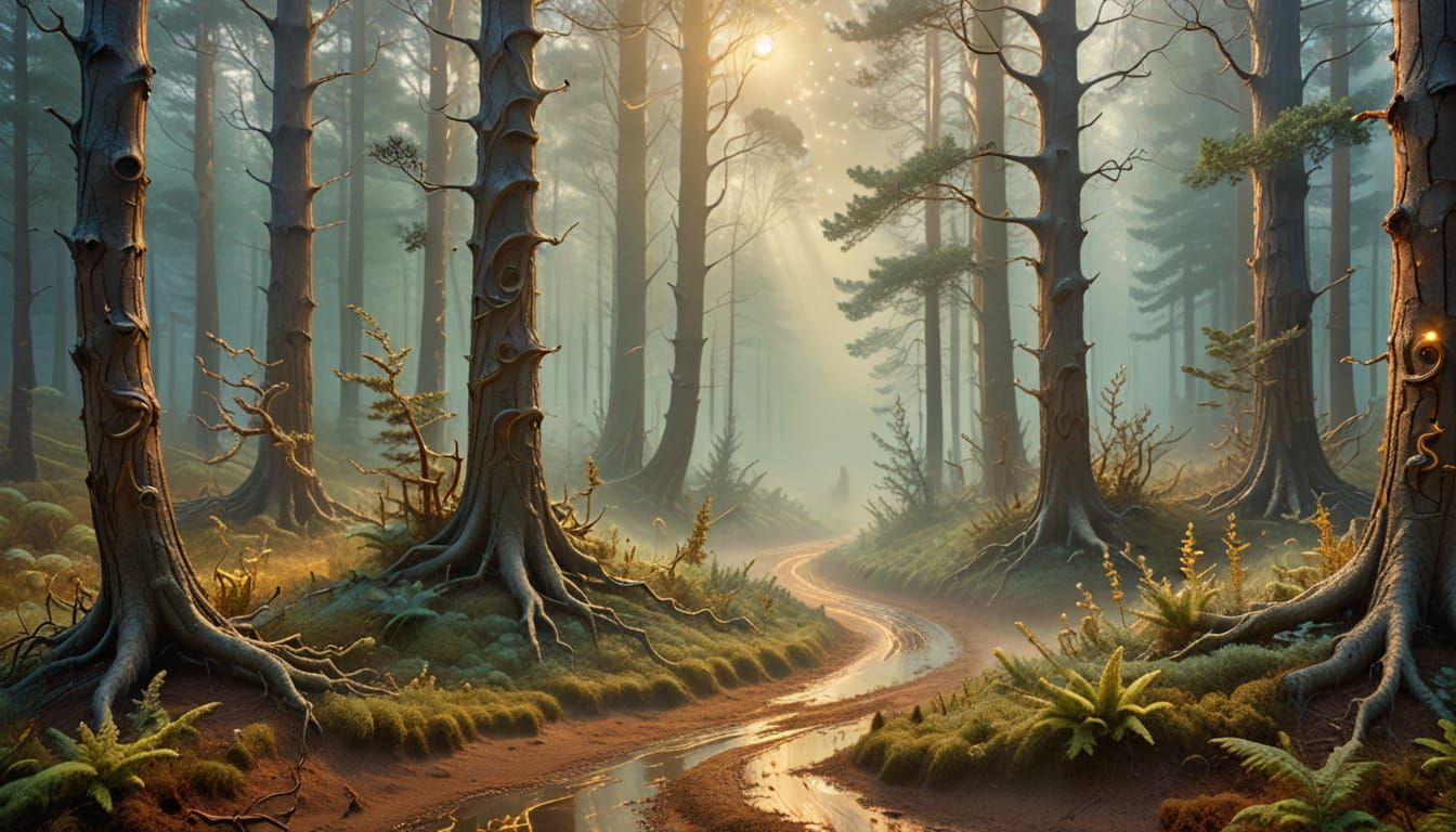 Misty Forest Path in Impasto Style