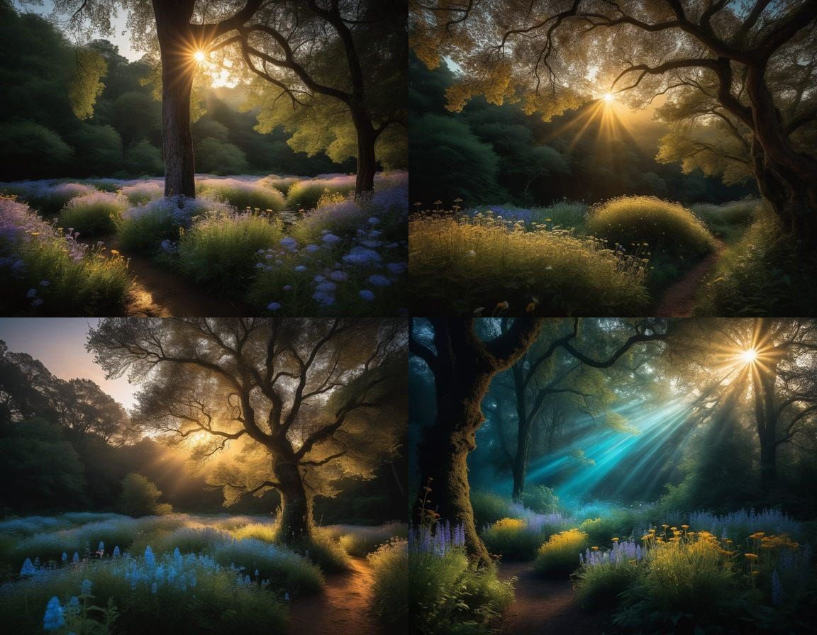 Ethereal Fantasy Scene with Shimmering Bees and Golden Light