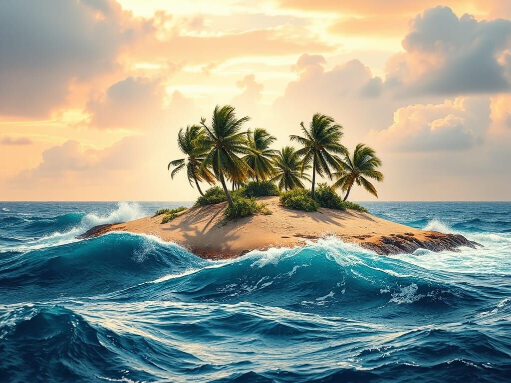Wind-Swept Desert Island with Palm Trees and Ocean Waves