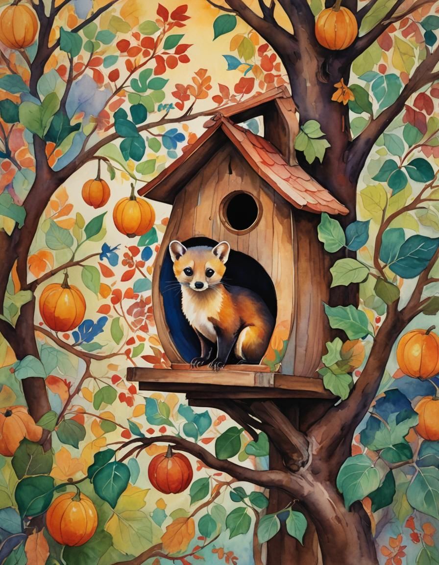 Marten in Gourd Birdhouse, Fauvist Painting