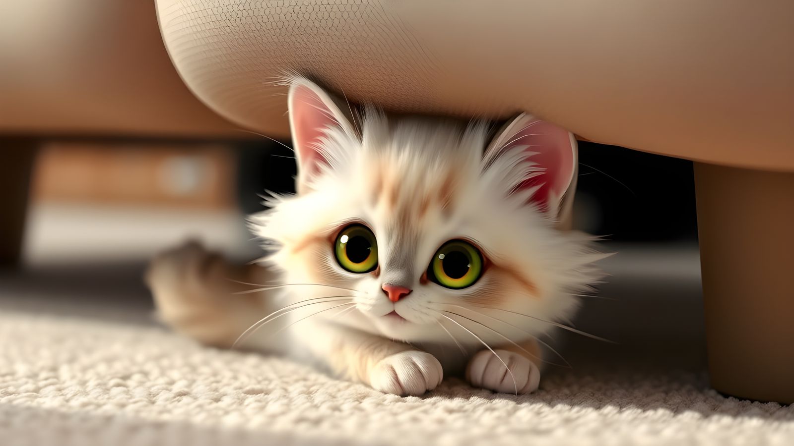Whimsical Pixar-Style Kitten Hides Under Sofa