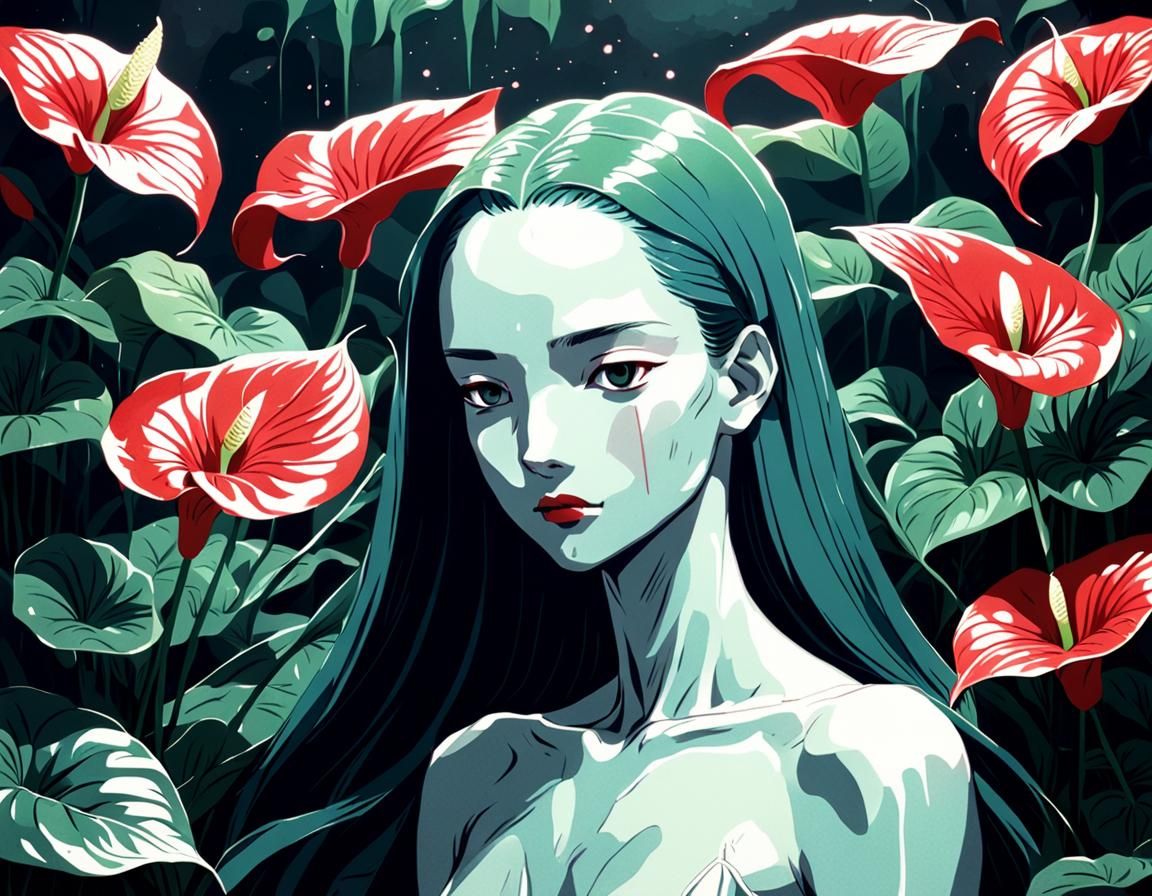 Anthurium Birthing Goddess in 1990s Anime Style