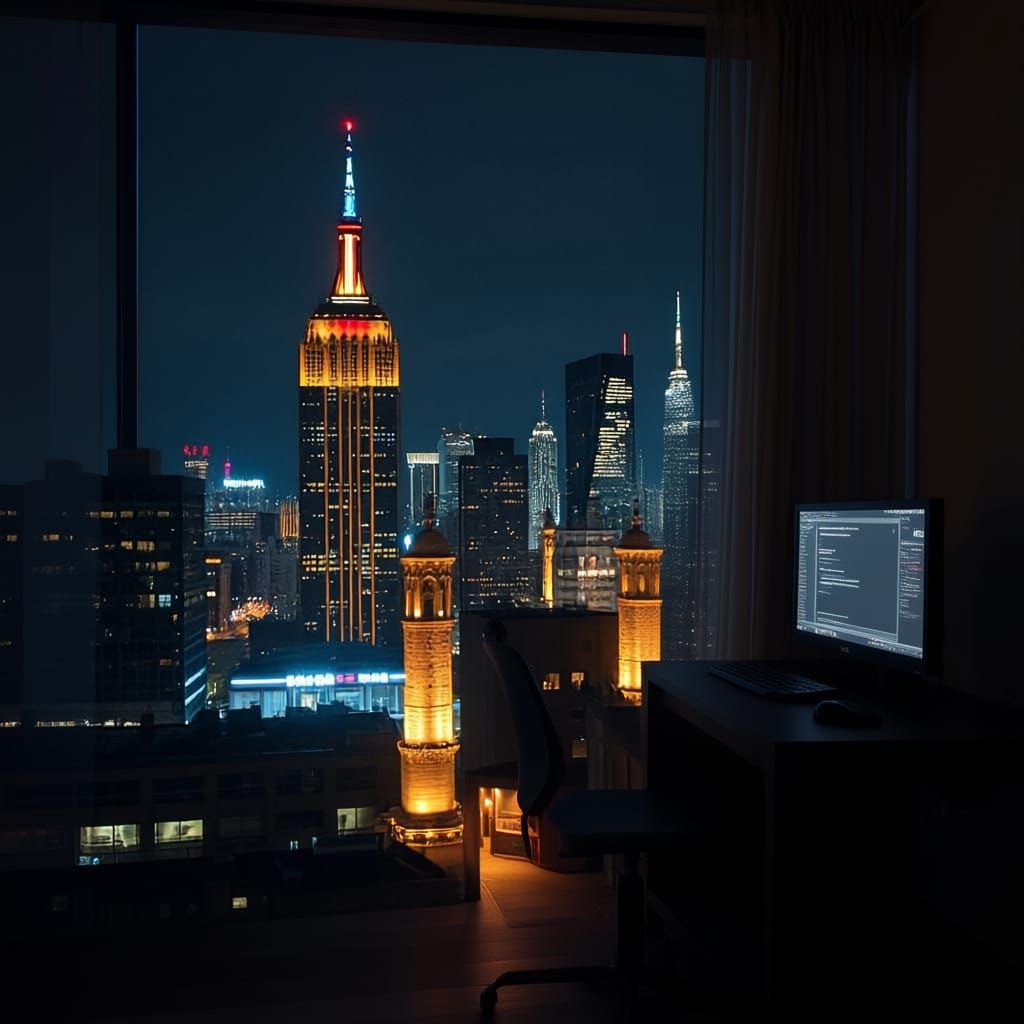 Night Cityscape View from Apartment Window