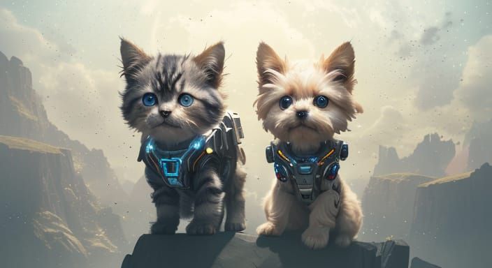 Robots, Kitten, and Dog Soar Through Cosmic Sky