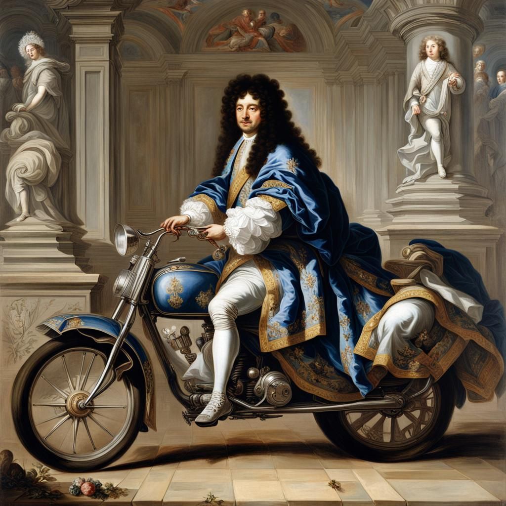 Louis XIV on Motorbike: Hyperdetailed Portrait