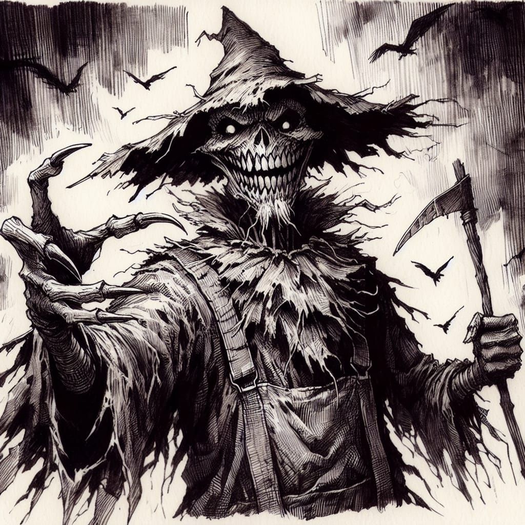 Menacing Scarecrow in Gothic Inking Style