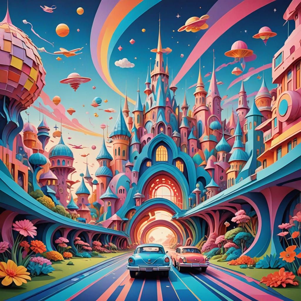 Retro-Futuristic Psychedelic Chrysler Cruises Through Whimsi...