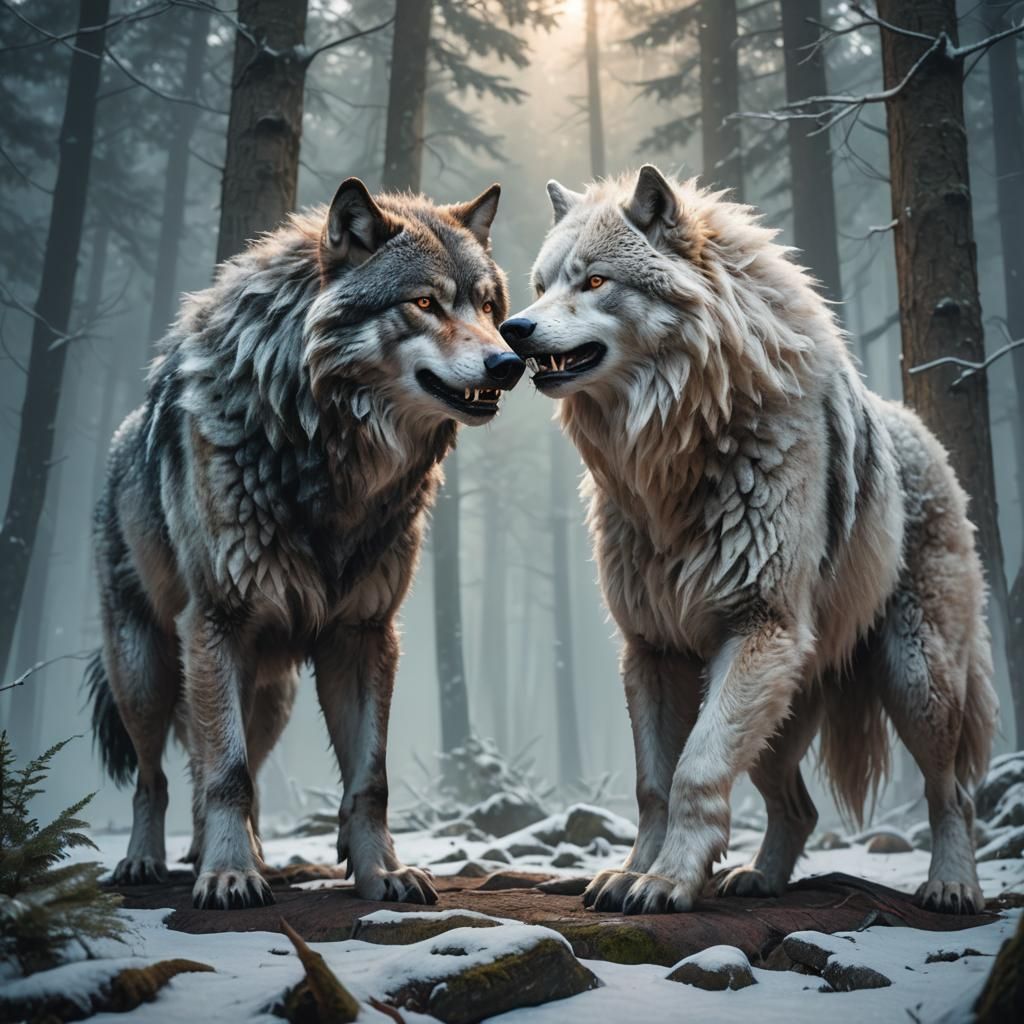 Wolf and Yeti Face-Off in Misty Forest