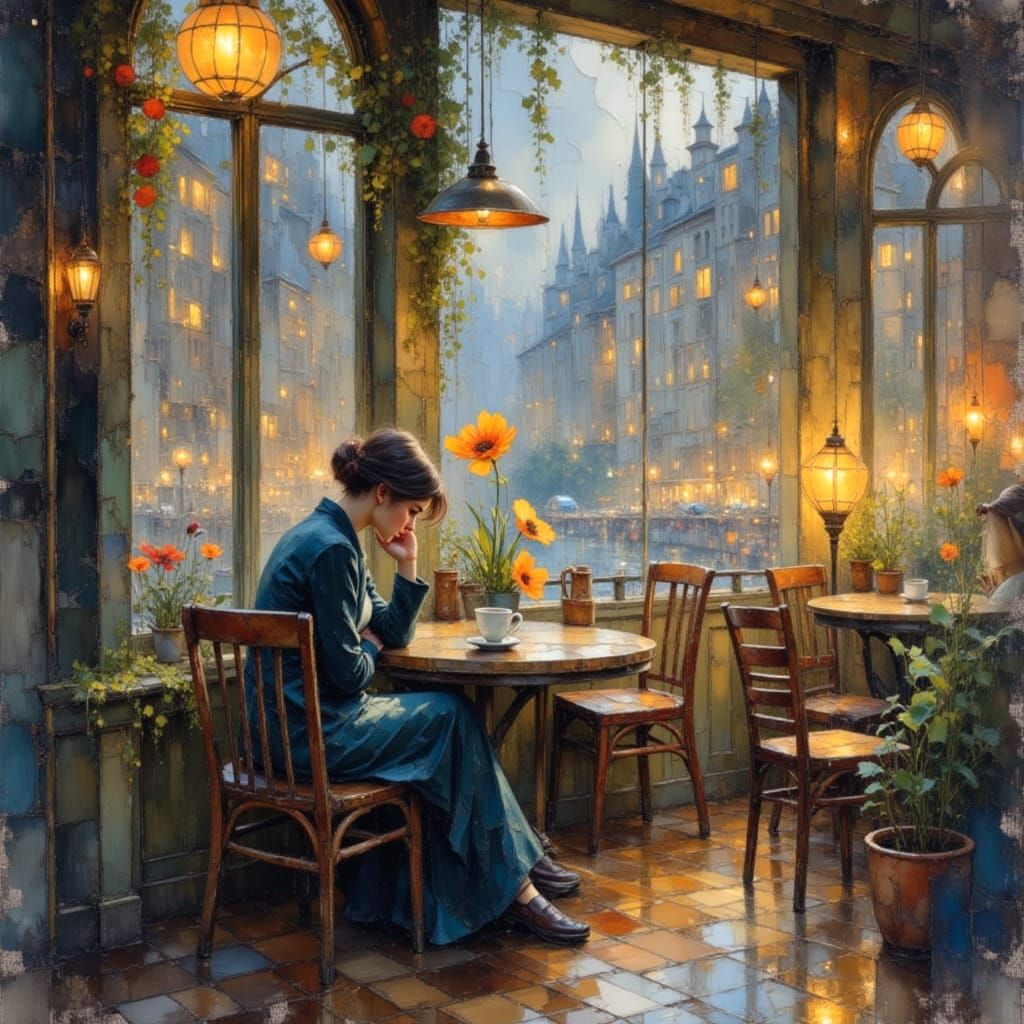 Rainy Day Coffee Shop in Watercolor Style