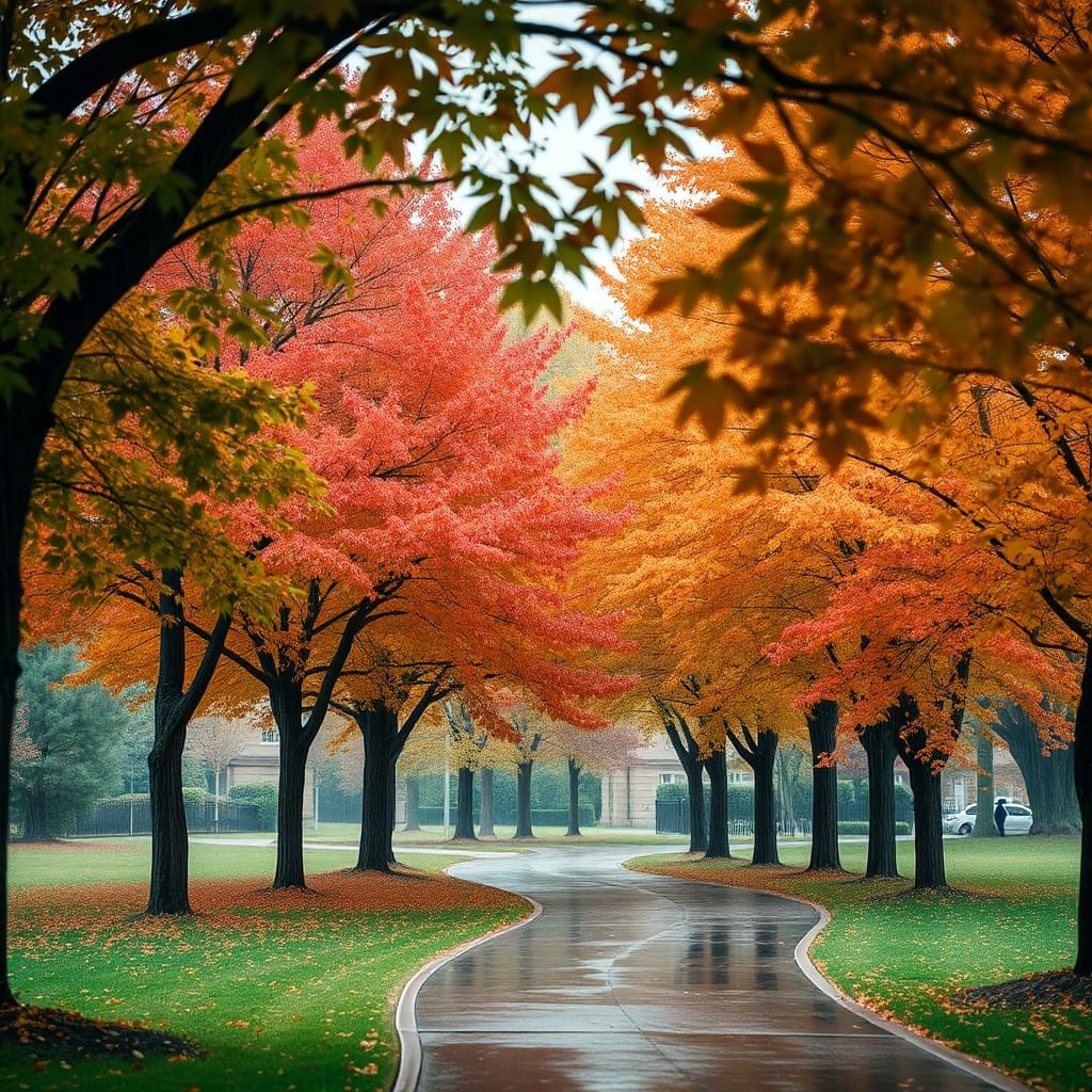 Rainy Autumn Park with Maple Trees