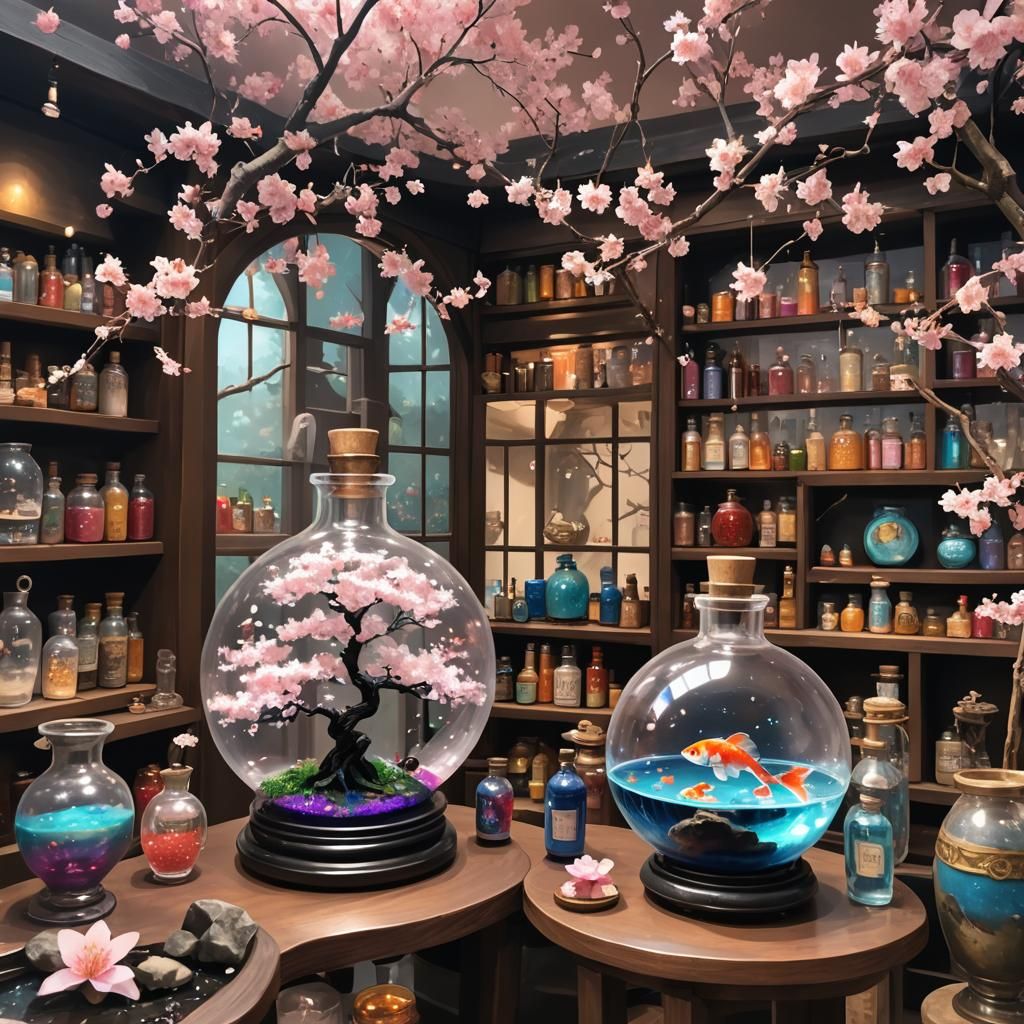 Potion Shop with Galaxy, Blossoms, and Koi