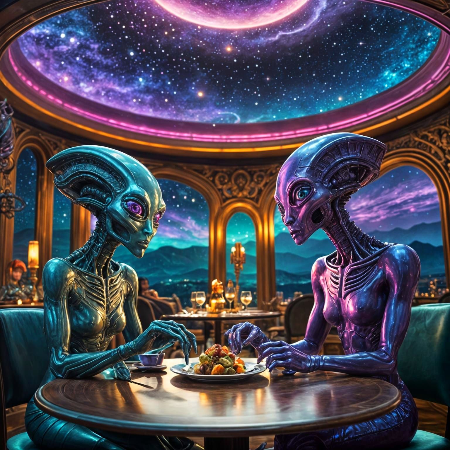 Aliens on a Date in Space Restaurant